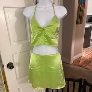 Purrr Melrose Lime Green Satin Two Piece Tie Tank Top and Mini Skirt